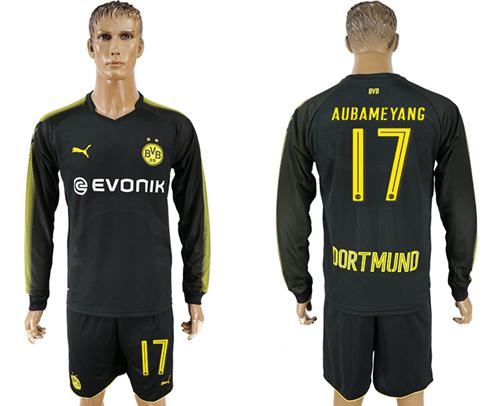 Dortmund #17 Aubameyang Away Long Sleeves Soccer Club Jersey - Click Image to Close